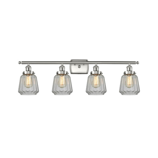 Innovations Chatham 37in 4-Light Bath Vanity Light | Modern Brushed Satin Nickel Steel and Clear Ribbed Glass | Bathroom Vanity | Model 916-4W-SN-G142