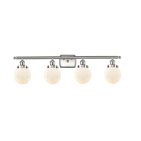 Innovations Beacon 36in 4-Light Bath Vanity | Modern Transitional Brushed Satin Nickel and Matte White Glass | Bathroom Vanity | Model 916-4W-SN-G201-6