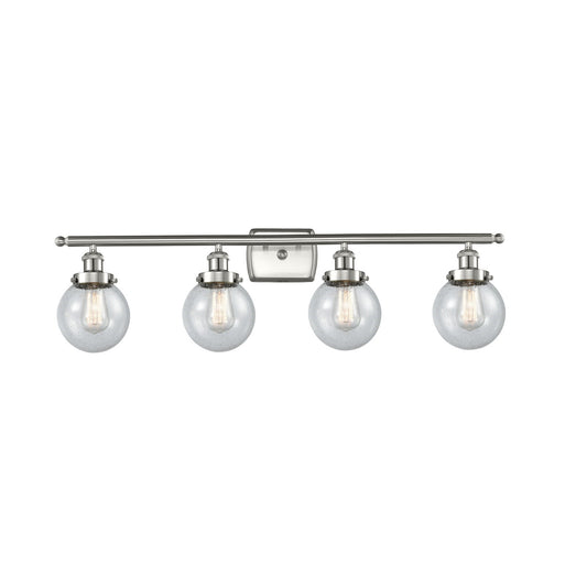 Innovations Beacon 36in 4-Light Bath Vanity | Modern Transitional Brushed Satin Nickel and Seedy Glass | Bathroom Vanity | Model 916-4W-SN-G204-6