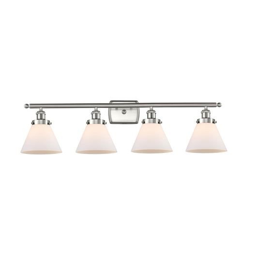 Innovations Cone 38in 4-Light Bath Vanity Light | Industrial Brushed Satin Nickel and Matte White Frosted Glass | Bathroom | Model 916-4W-SN-G41-LED