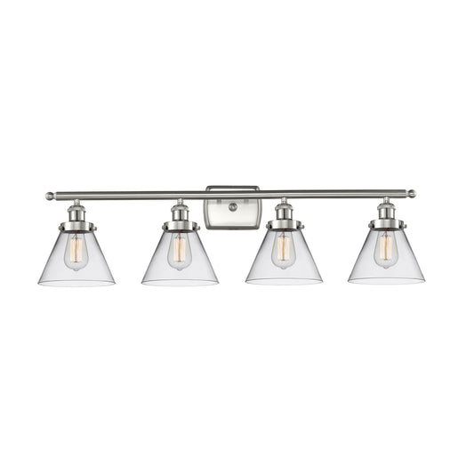 Innovations Cone 38in 4-Light Bath Vanity Light | Industrial Brushed Satin Nickel and Clear Glass | Bathroom Vanity & Powder | Model 916-4W-SN-G42-LED