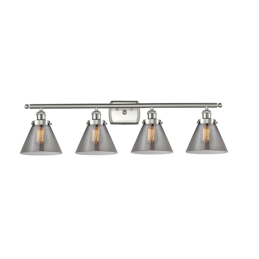 Innovations Cone 38in 4-Light Bath Vanity Light | Industrial Brushed Satin Nickel and Light Smoke Glass | Bathroom Vanity | Model 916-4W-SN-G43