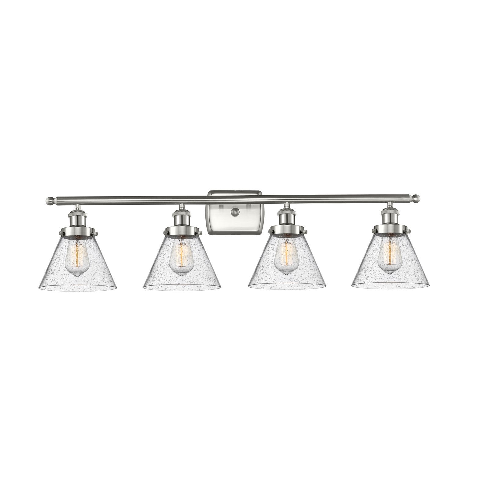 Innovations Cone 38in 4-Light Bath Vanity Light | Industrial Brushed Satin Nickel and Seedy Glass | Bathroom Vanity | Model 916-4W-SN-G44