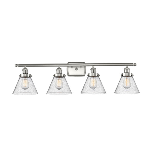 Innovations Cone 38in 4-Light Bath Vanity Light | Industrial Brushed Satin Nickel and Seedy Glass | Bathroom Vanity | Model 916-4W-SN-G44