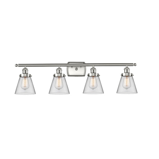 Innovations Cone 36in 4-Light Bath Vanity Light | Brushed Satin Nickel Steel and Clear Cone Glass | Bathroom Vanity | 36 x 11 x 8 in | Model 916-4W-SN-G62