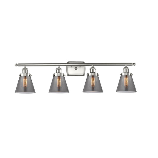 Innovations Cone 36in 4-Light Bath Vanity Light | Brushed Satin Nickel Steel and Light Smoke Cone Glass | Bathroom Vanity with | Model 916-4W-SN-G63-LED