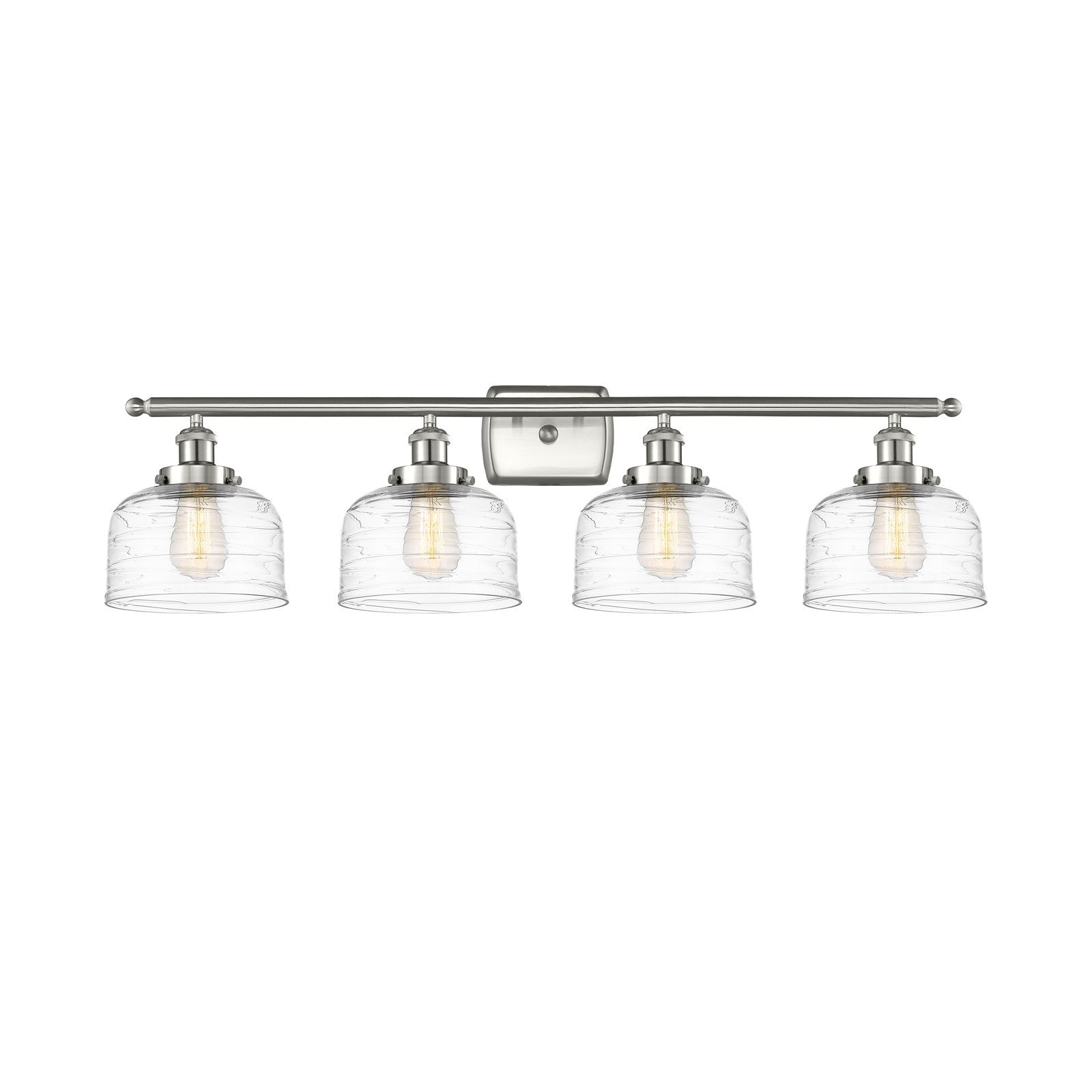Innovations Bell 38in 4-Light Bath Vanity Light | Industrial Brushed Satin Nickel and Clear Deco Swirl Glass | Bathroom Vanity | Model 916-4W-SN-G713