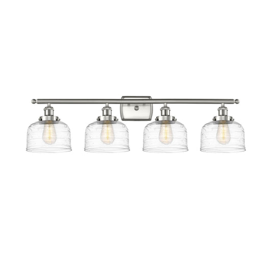 Innovations Bell 38in 4-Light LED Bath Vanity Light | Industrial Brushed Satin Nickel and Clear Deco Swirl Glass | Bathroom | Model 916-4W-SN-G713-LED