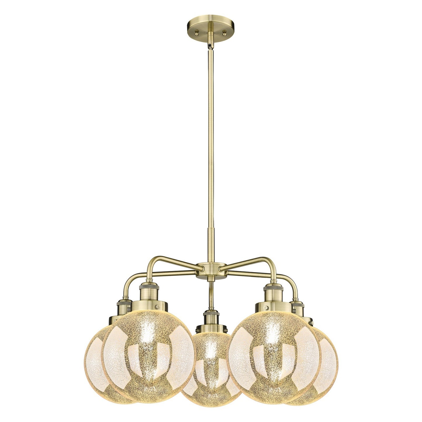 Innovations Beacon 27in 5-Light Chandelier | Industrial Antique Brass Steel and Mercury Glass | Kitchen Island & Dining Room | Model 916-5CR-AB-G208-8