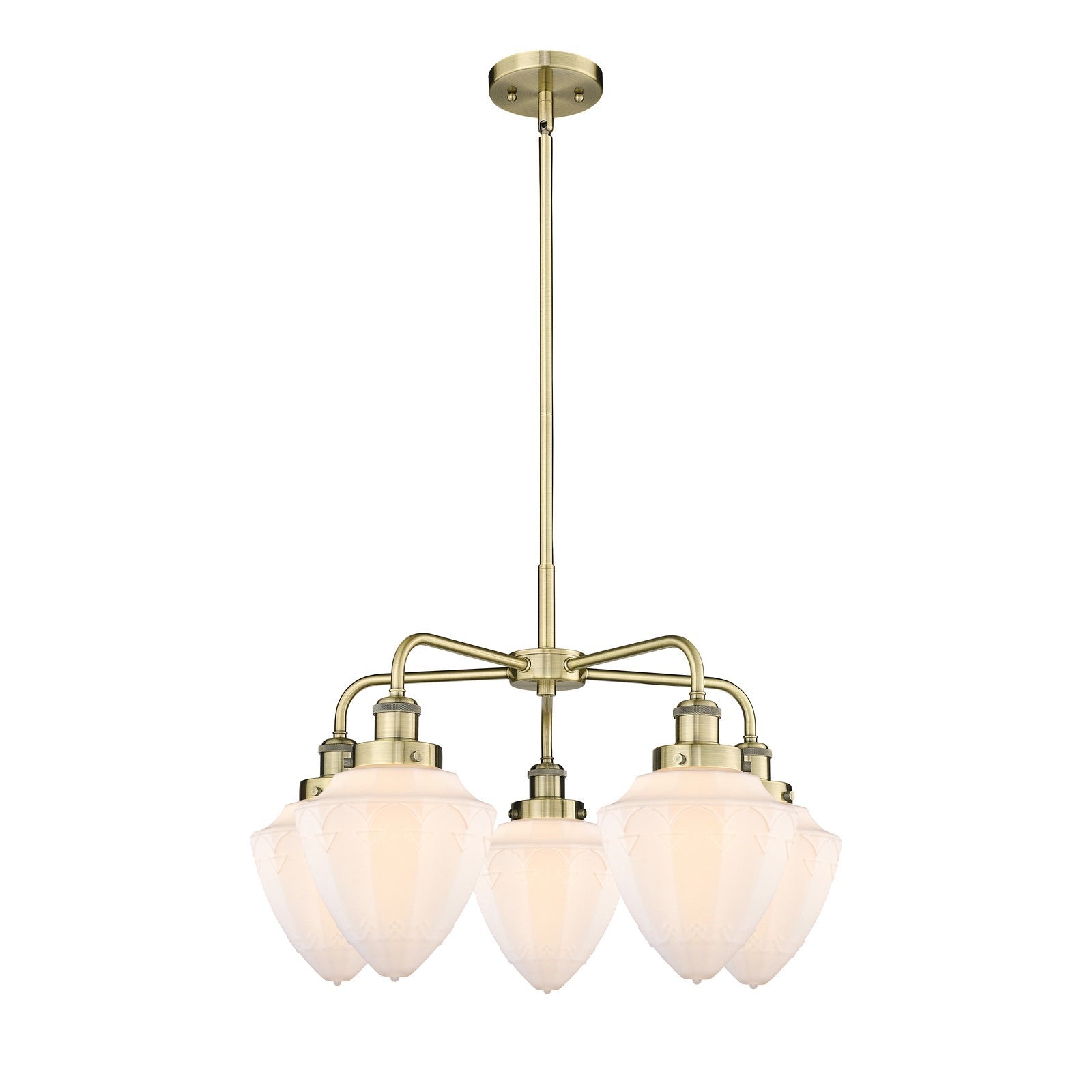 Innovations Bullet 25.5in 5-Light Chandelier | Industrial Antique Brass Steel and Matte White Frosted Glass | Kitchen Island & | Model 916-5CR-AB-G661-7