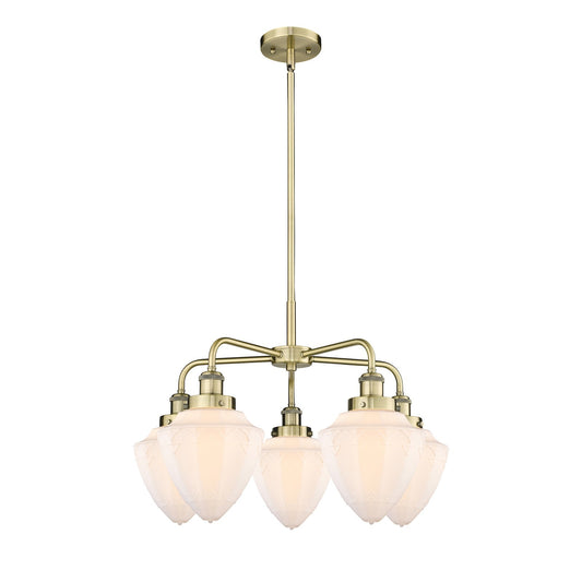 Innovations Bullet 25.5in 5-Light Chandelier | Industrial Antique Brass Steel and Matte White Frosted Glass | Kitchen Island & | Model 916-5CR-AB-G661-7