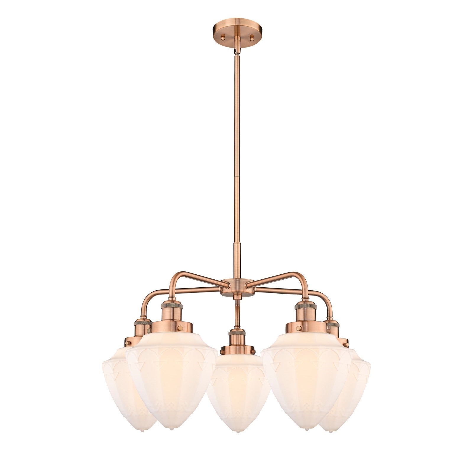 Innovations Bullet 25.5in 5-Light Chandelier | Industrial Antique Copper and Matte White Frosted Glass | Damp Rated Kitchen & | Model 916-5CR-AC-G661-7