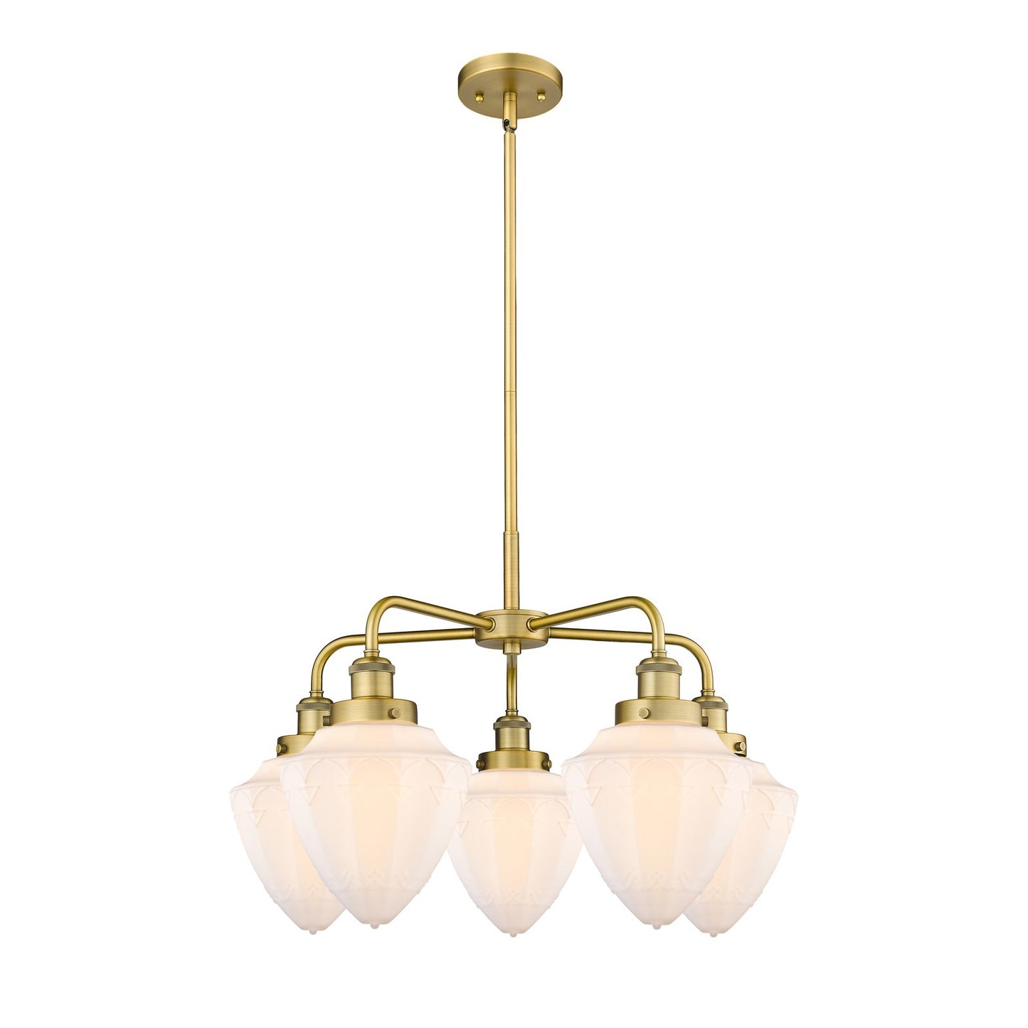 Innovations Bullet 25.5in 5-Light Chandelier | Industrial Transitional Brushed Brass and Matte White Frosted Glass | Dining Room | Model 916-5CR-BB-G661-7