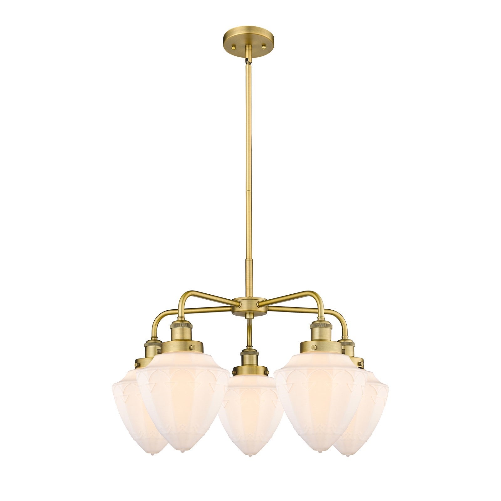 Innovations Bullet 25.5in 5-Light Chandelier | Industrial Transitional Brushed Brass and Matte White Frosted Glass | Dining Room | Model 916-5CR-BB-G661-7