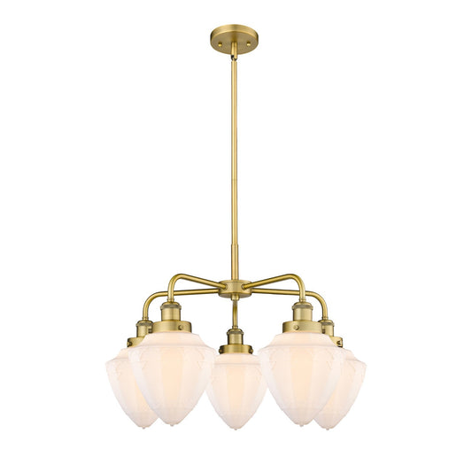Innovations Bullet 25.5in 5-Light Chandelier | Industrial Transitional Brushed Brass and Matte White Frosted Glass | Dining Room | Model 916-5CR-BB-G661-7