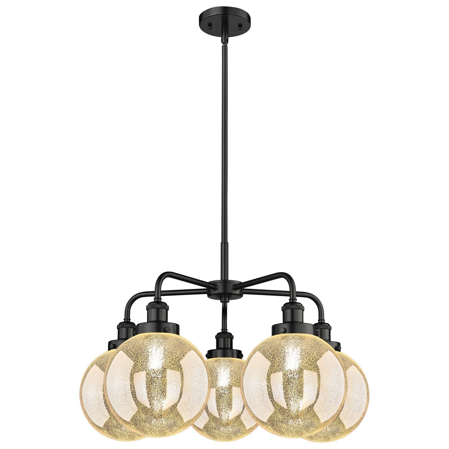 Innovations Beacon 27in 5-Light Chandelier | Industrial Matte Black Steel and Mercury Glass | Kitchen Island & Dining Room | Model 916-5CR-BK-G208-8