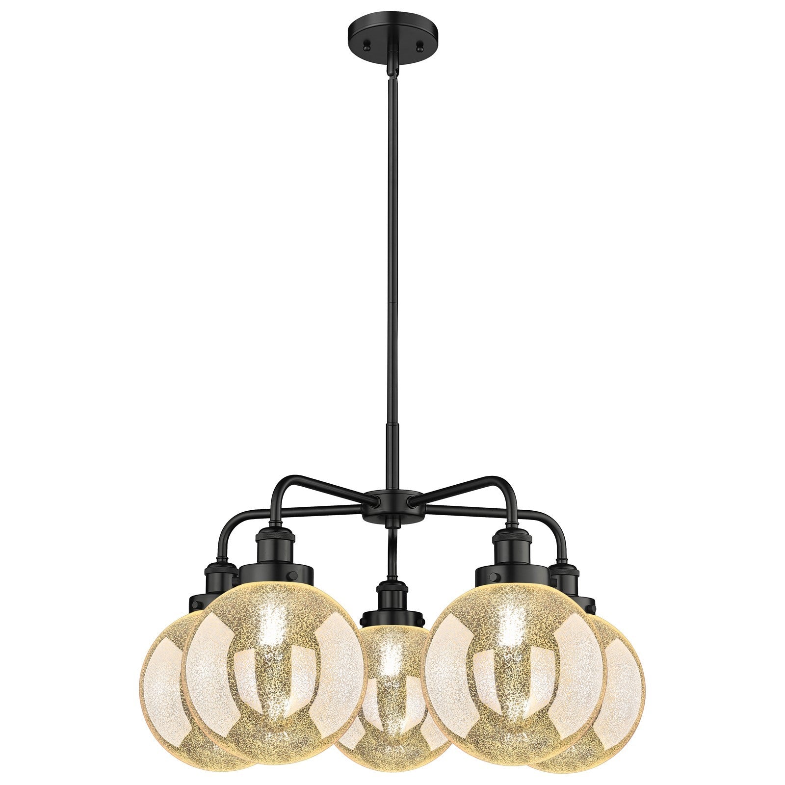 Innovations Beacon 27in 5-Light Chandelier | Industrial Matte Black Steel and Mercury Glass | Kitchen Island & Dining Room | Model 916-5CR-BK-G208-8