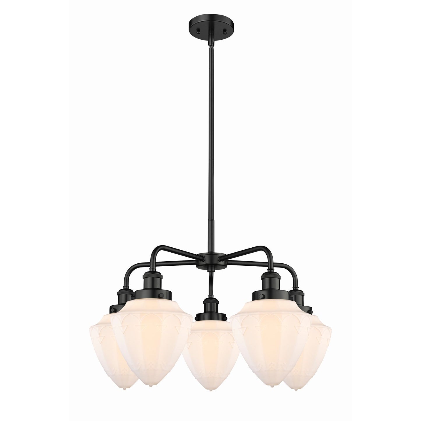 Innovations Bullet 25.5in 5-Light Chandelier | Industrial Matte Black Steel and Matte White Frosted Glass | Kitchen Island & | Model 916-5CR-BK-G661-7