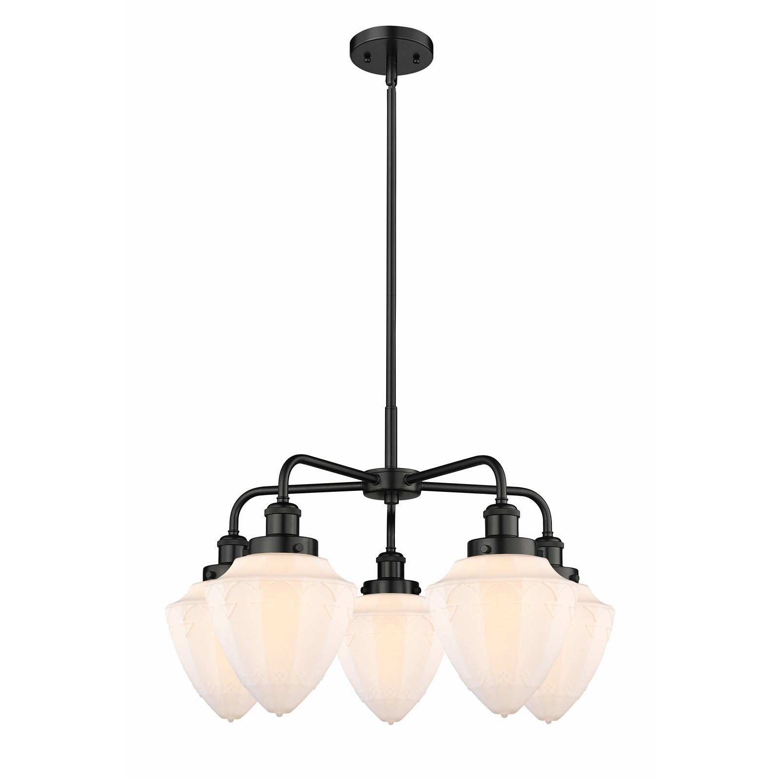Innovations Bullet 25.5in 5-Light Chandelier | Industrial Matte Black Steel and Matte White Frosted Glass | Kitchen Island & | Model 916-5CR-BK-G661-7
