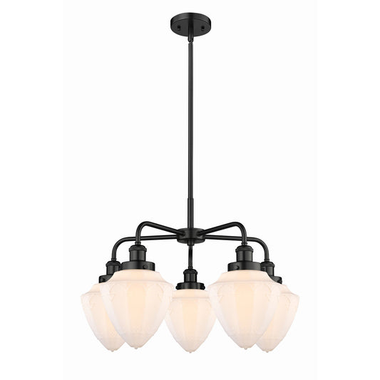 Innovations Bullet 25.5in 5-Light Chandelier | Industrial Matte Black Steel and Matte White Frosted Glass | Kitchen Island & | Model 916-5CR-BK-G661-7