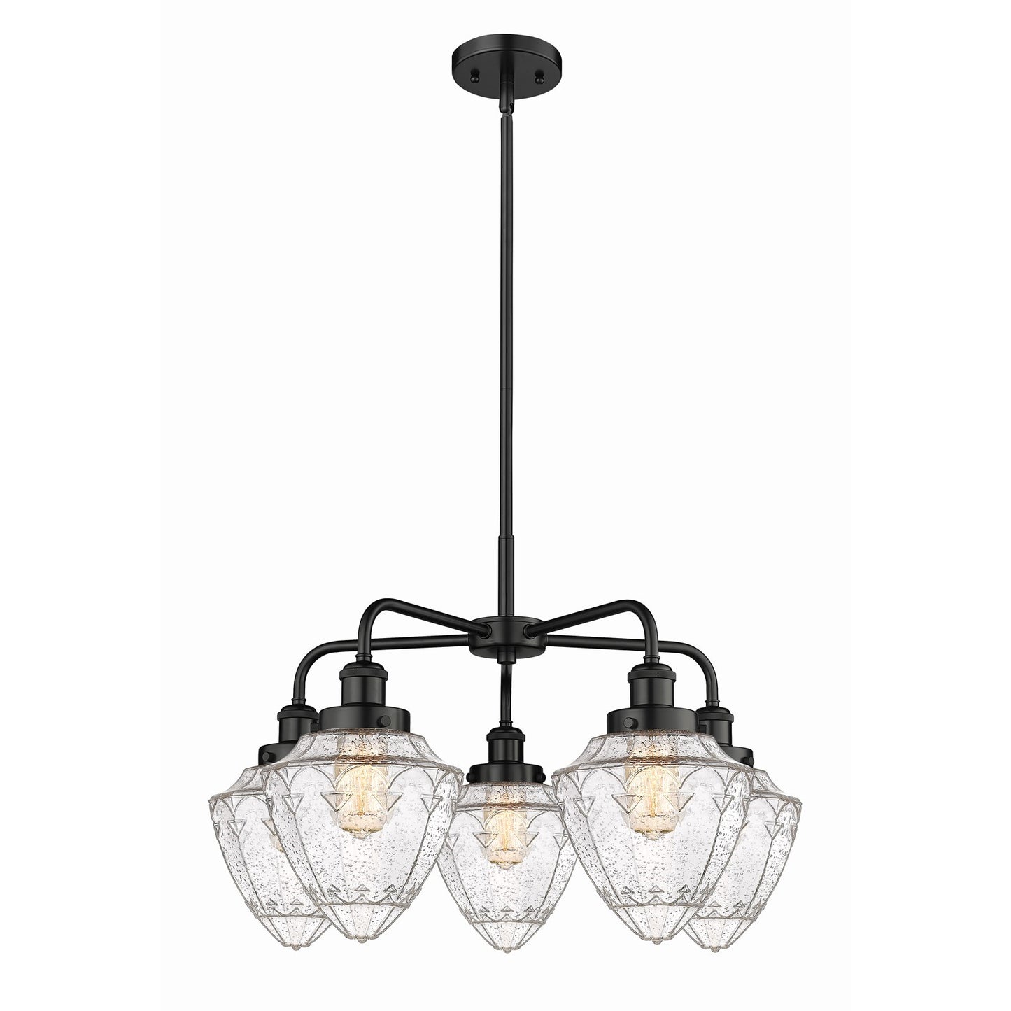 Innovations Bullet 25.5in 5-Light Chandelier | Industrial Matte Black Steel and Seedy Glass | Kitchen Island & Dining Room | Model 916-5CR-BK-G664-7