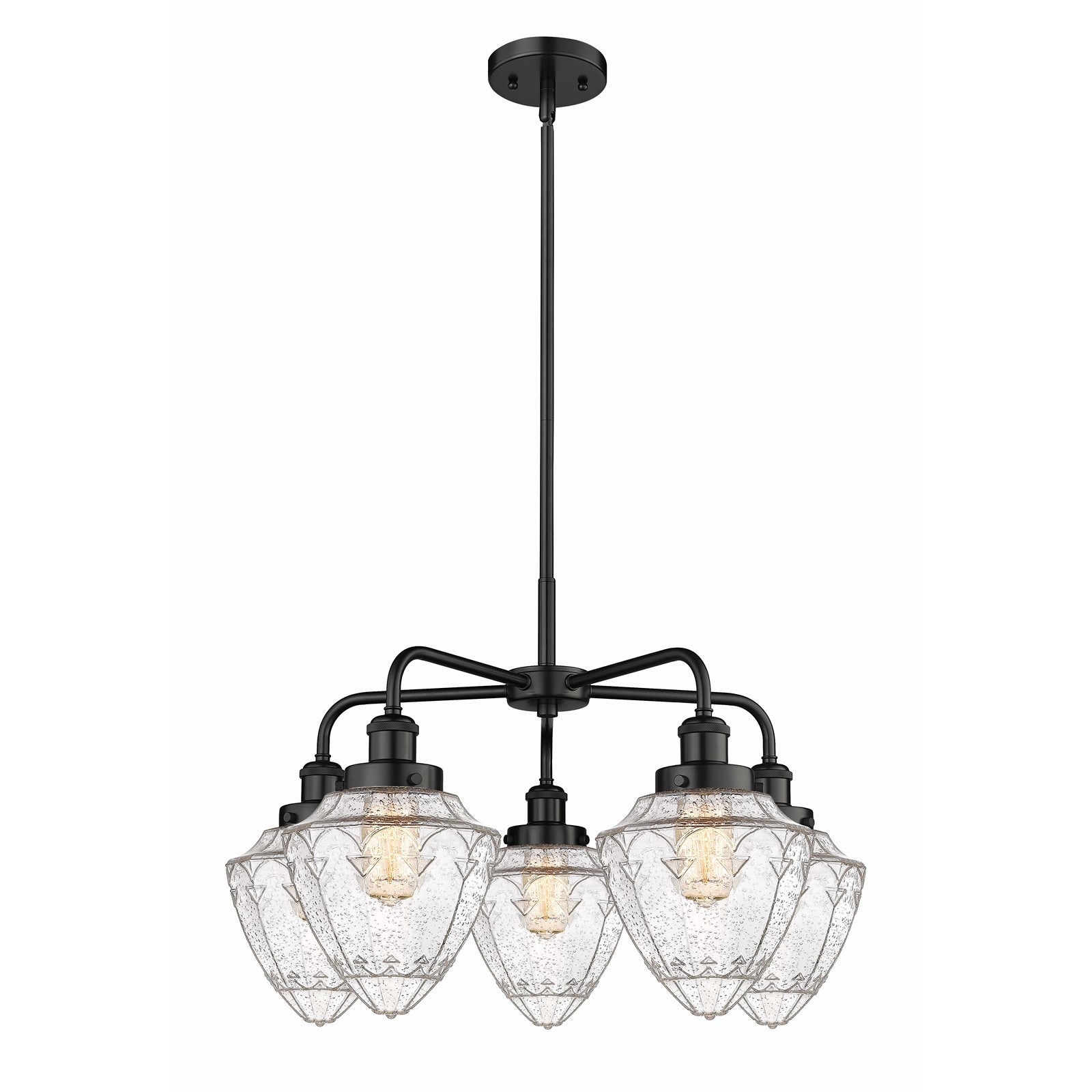 Innovations Bullet 25.5in 5-Light Chandelier | Industrial Matte Black Steel and Seedy Glass | Kitchen Island & Dining Room | Model 916-5CR-BK-G664-7