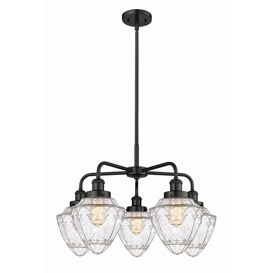 Innovations Bullet 25.5in 5-Light Chandelier | Industrial Matte Black Steel and Seedy Glass | Kitchen Island & Dining Room | Model 916-5CR-BK-G664-7