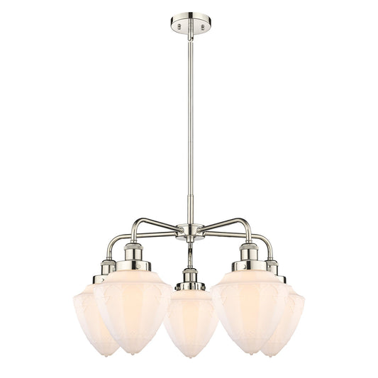Innovations Bullet 25.5in 5-Light Chandelier | Industrial Transitional Polished Nickel and Matte White Frosted Glass | Dining | Model 916-5CR-PN-G661-7