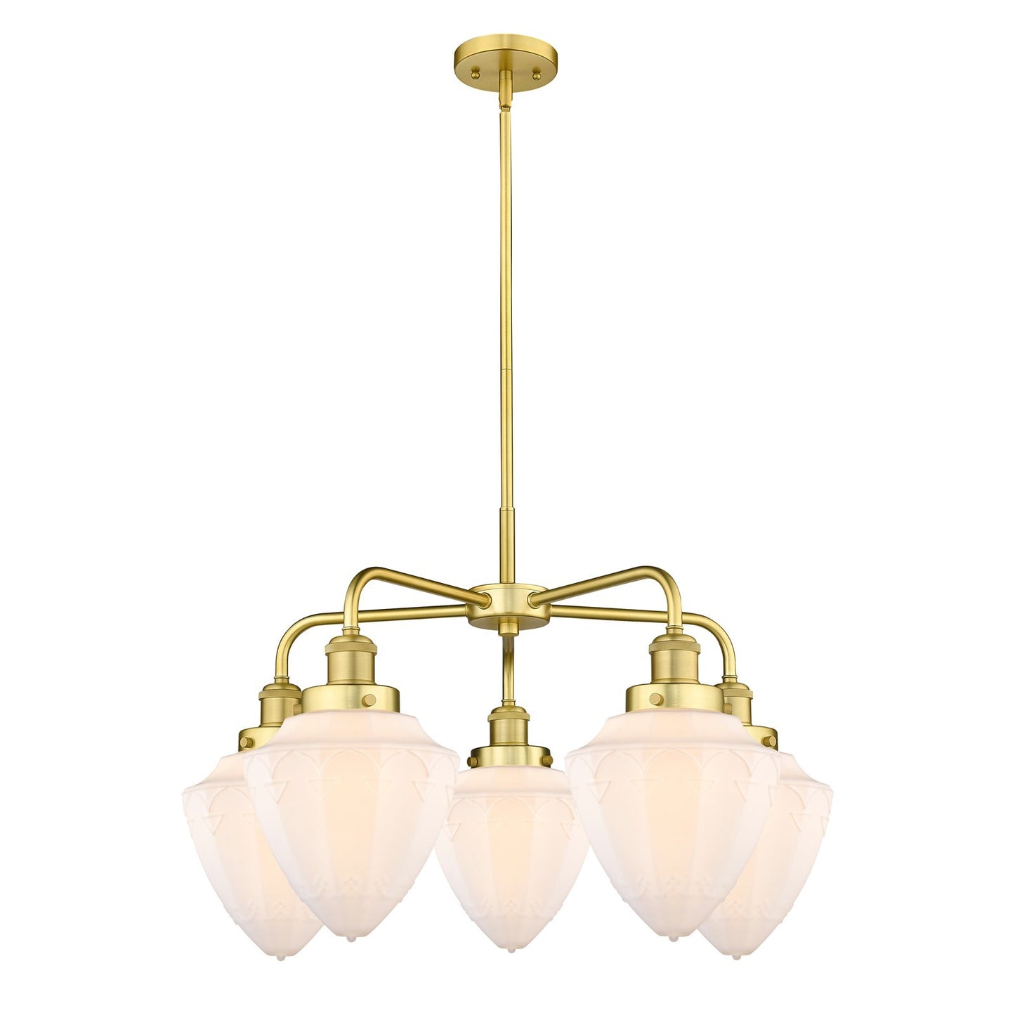 Innovations Bullet 25.5in 5-Light Chandelier | Industrial Satin Gold Steel and Matte White Glass | Kitchen Island & Dining Room | Model 916-5CR-SG-G661-7