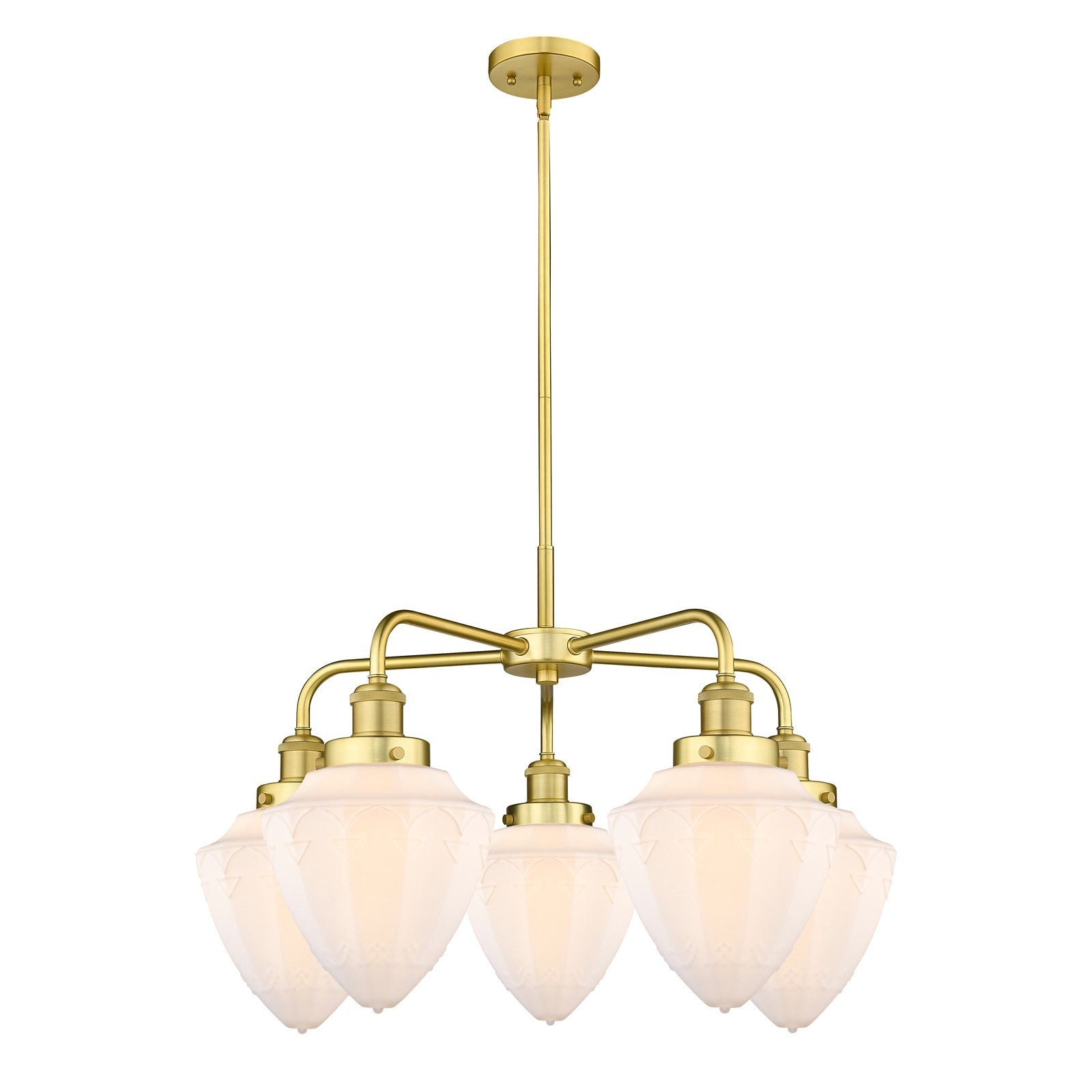 Innovations Bullet 25.5in 5-Light Chandelier | Industrial Satin Gold Steel and Matte White Glass | Kitchen Island & Dining Room | Model 916-5CR-SG-G661-7
