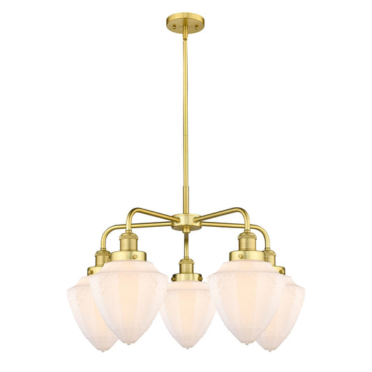 Innovations Bullet 25.5in 5-Light Chandelier | Industrial Satin Gold Steel and Matte White Glass | Kitchen Island & Dining Room | Model 916-5CR-SG-G661-7