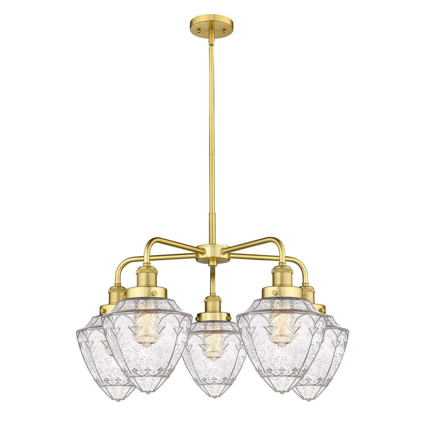 Innovations Bullet 25.5in 5-Light Chandelier | Industrial Satin Gold Steel and Seedy Glass | Kitchen Island & Dining Room | Model 916-5CR-SG-G664-7