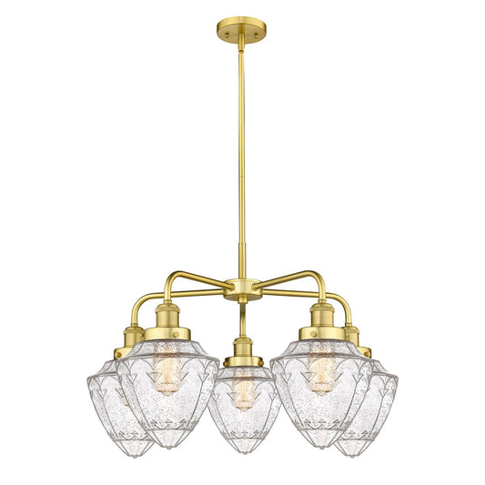 Innovations Bullet 25.5in 5-Light Chandelier | Industrial Satin Gold Steel and Seedy Glass | Kitchen Island & Dining Room | Model 916-5CR-SG-G664-7