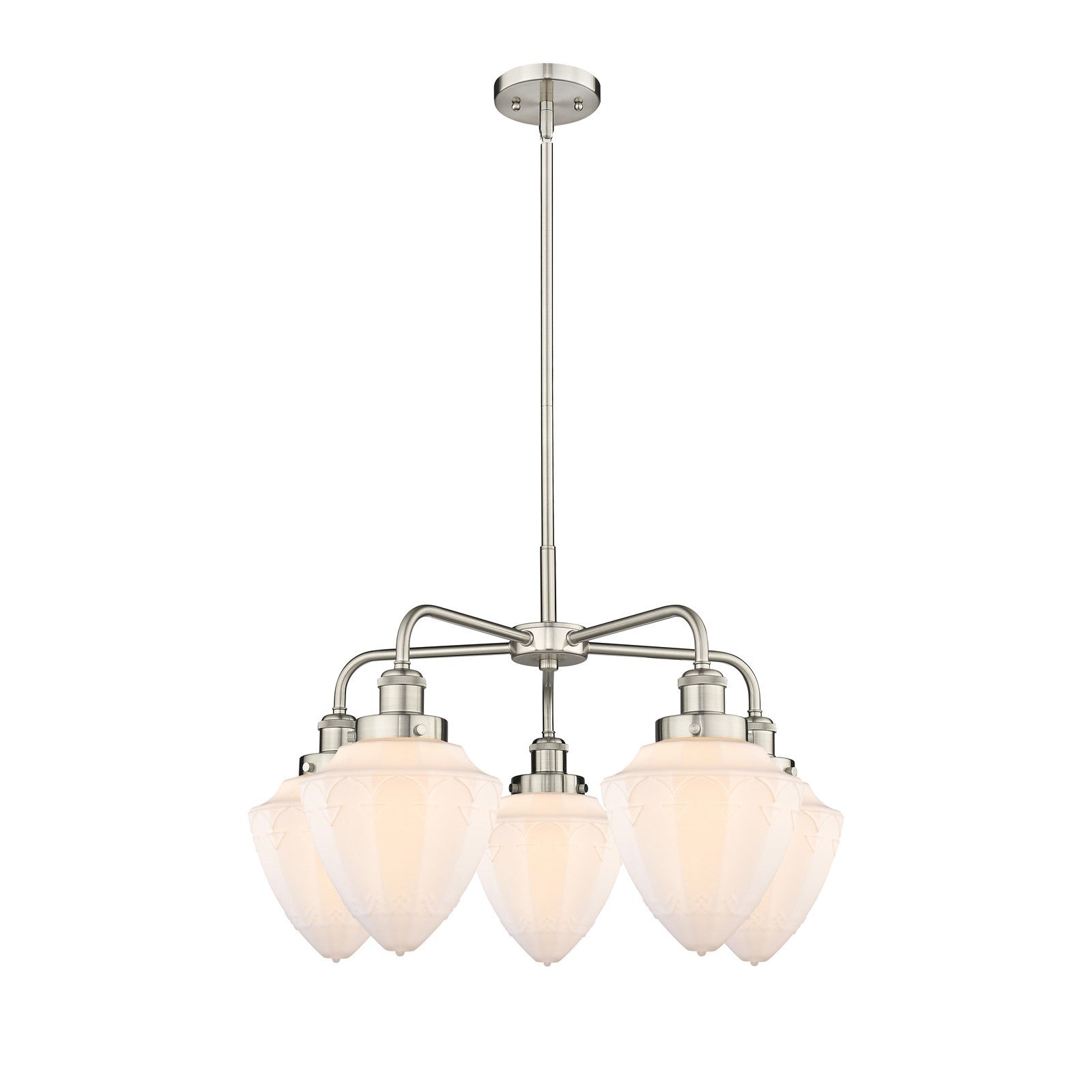 Innovations Bullet 26in 5-Light Chandelier | Industrial Satin Nickel Steel and Matte White Frosted Glass | Kitchen Island & | Model 916-5CR-SN-G661-7