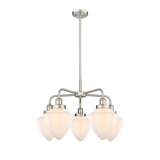 Innovations Bullet 26in 5-Light Chandelier | Industrial Satin Nickel Steel and Matte White Frosted Glass | Kitchen Island & | Model 916-5CR-SN-G661-7