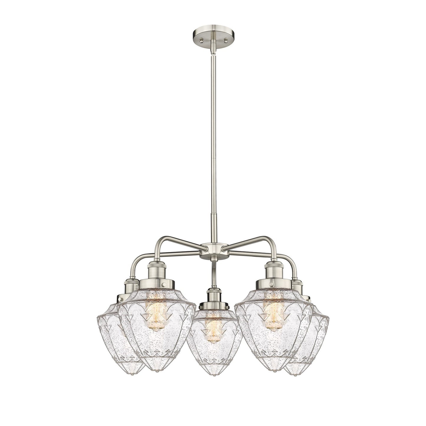 Innovations Bullet 26in 5-Light Chandelier | Industrial Satin Nickel Steel and Seedy Glass | Kitchen Island & Dining Room | Model 916-5CR-SN-G664-7