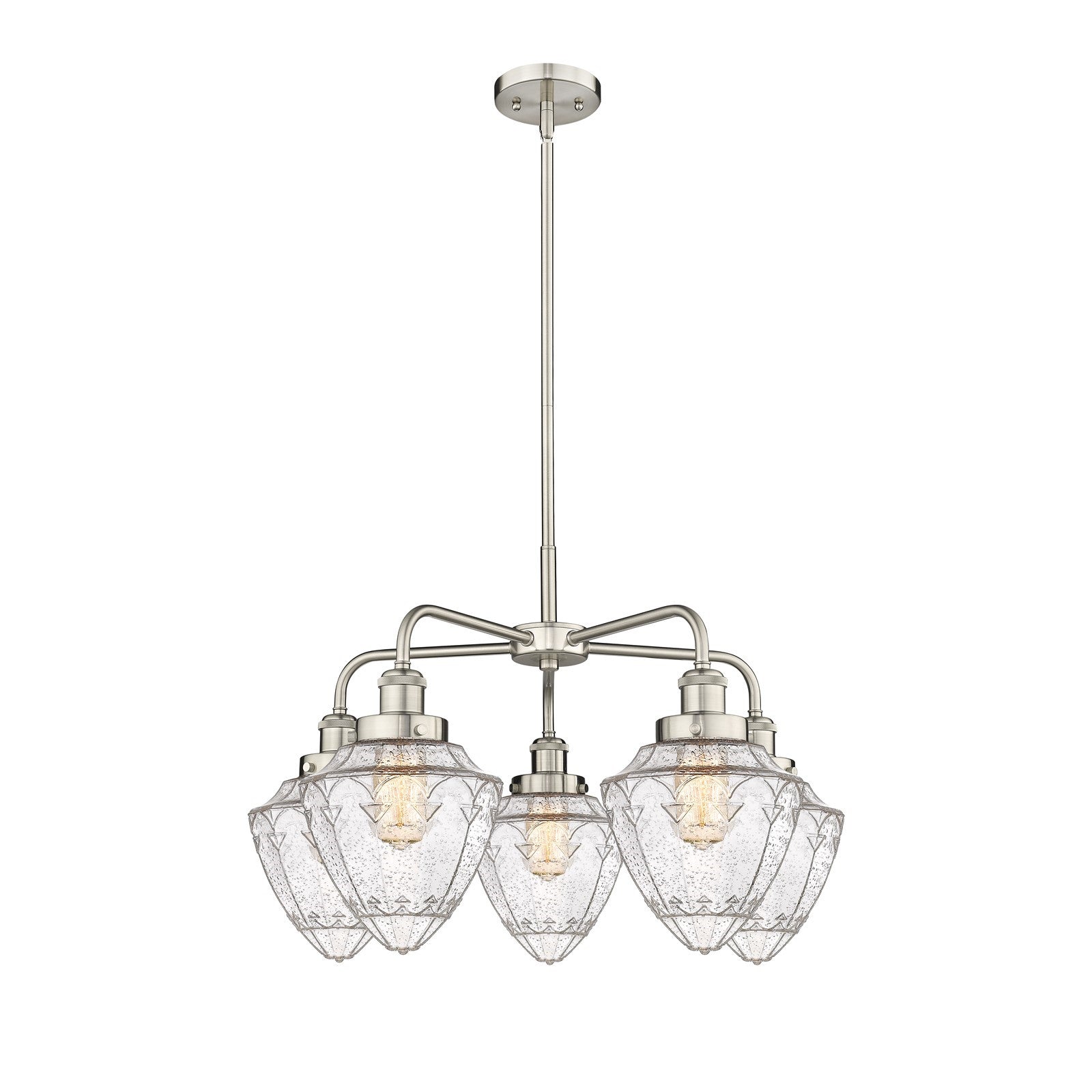 Innovations Bullet 26in 5-Light Chandelier | Industrial Satin Nickel Steel and Seedy Glass | Kitchen Island & Dining Room | Model 916-5CR-SN-G664-7