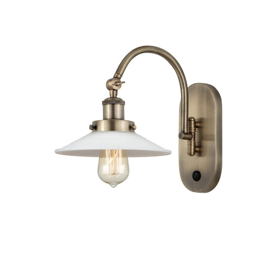 Innovations Halophane 1-Light Swing Arm Wall Sconce | Industrial Antique Brass Steel and Matte White Frosted Glass | Bedroom | Model 918-1W-AB-G1-LED