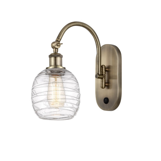 Innovations Belfast 6in 1-Light Wall Sconce | Industrial Antique Brass Steel and Deco Swirl Clear Glass | Hallway & Bathroom | Model 918-1W-AB-G1013