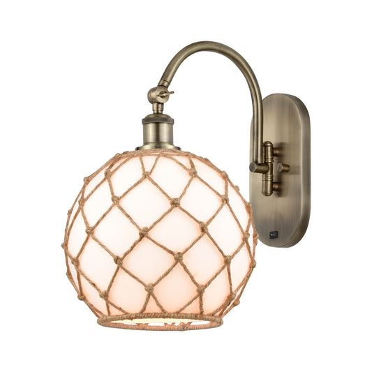 Innovations Farmhouse Rope 10in 1-Light Wall Sconce | Farmhouse Antique Brass and Matte White Glass with Brown Rope | Hallway | Model 918-1W-AB-G121-10RB