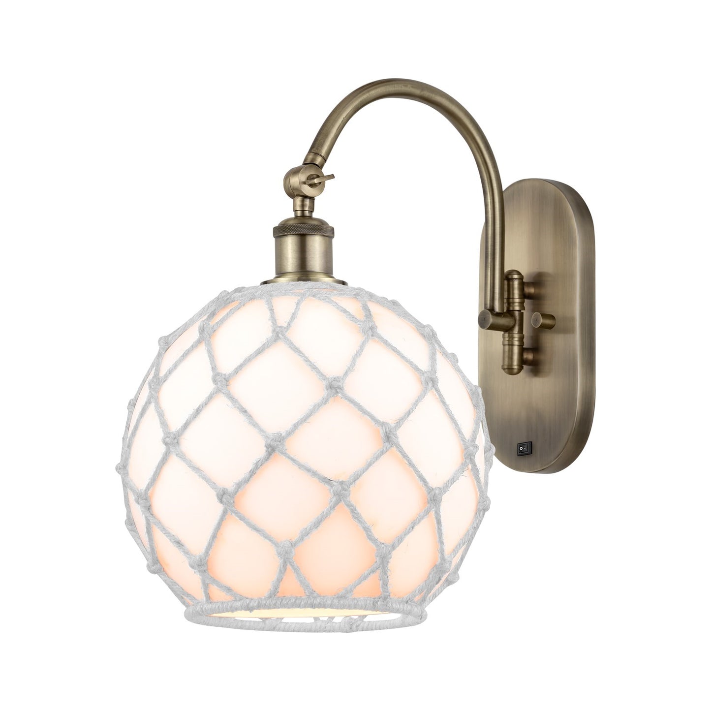 Innovations Farmhouse Rope 10in 1-Light Wall Sconce | Farmhouse Antique Brass and White Glass with White Rope | Hallway & | Model 918-1W-AB-G121-10RW