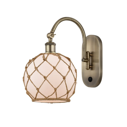 Innovations Farmhouse Rope 8in 1-Light Wall Sconce | Industrial Antique Brass and White Glass with Brown Rope | Bedroom & | Model 918-1W-AB-G121-8RB