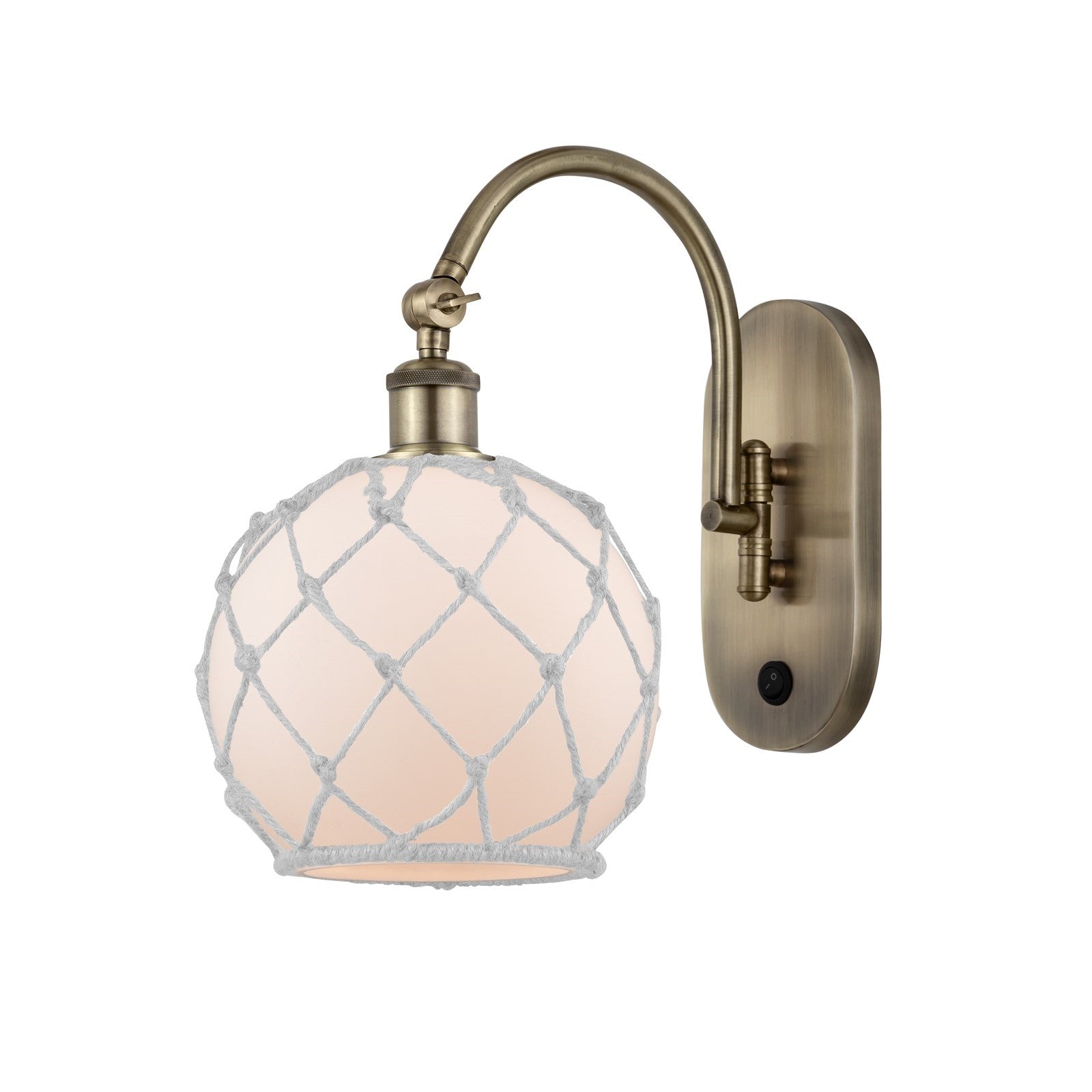 Innovations Farmhouse Rope 8in 1-Light Wall Sconce | Industrial Antique Brass and White Glass with White Rope | Bedroom & | Model 918-1W-AB-G121-8RW
