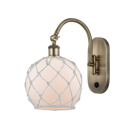 Innovations Farmhouse Rope 8in 1-Light Wall Sconce | Industrial Antique Brass and White Glass with White Rope | Bedroom & | Model 918-1W-AB-G121-8RW