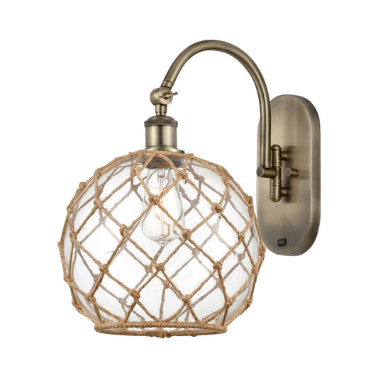 Innovations Farmhouse Rope 10in 1-Light Wall Sconce | Industrial Antique Brass and Clear Glass with Brown Rope | Hallway & | Model 918-1W-AB-G122-10RB
