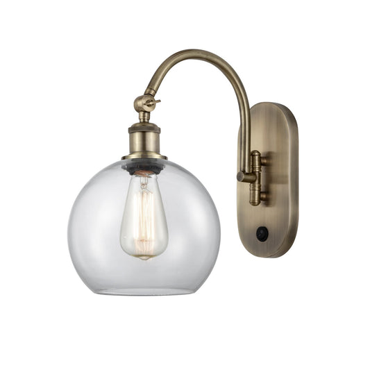Innovations Athens 8in 1-Light Wall Sconce | Industrial Antique Brass Steel and Clear Glass | Bedroom & Hallway Accent | 8 x 14 in | Model 918-1W-AB-G122-8