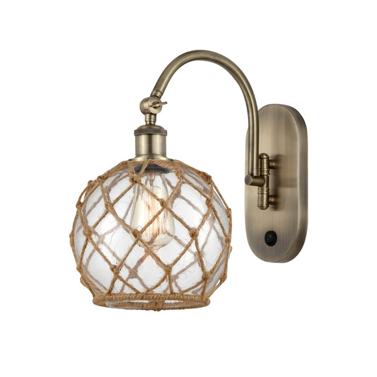 Innovations Farmhouse Rope 8in 1-Light Wall Sconce | Industrial Antique Brass Steel and Clear Glass with Brown Rope | Bedroom & | Model 918-1W-AB-G122-8RB