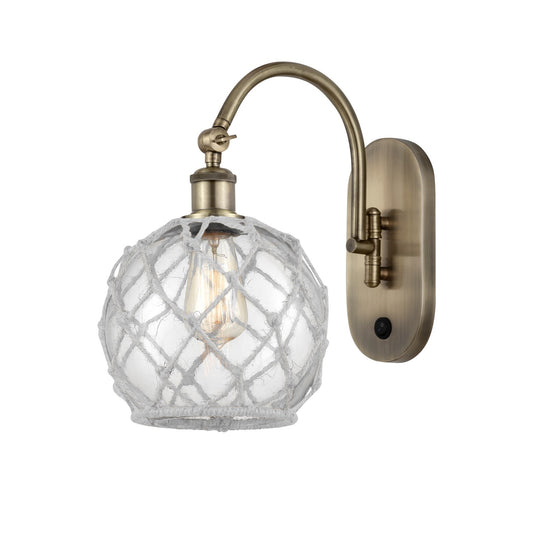 Innovations Farmhouse Rope 8in 1-Light Wall Sconce | Industrial Antique Brass Steel and Clear Glass with White Rope | Bedroom & | Model 918-1W-AB-G122-8RW