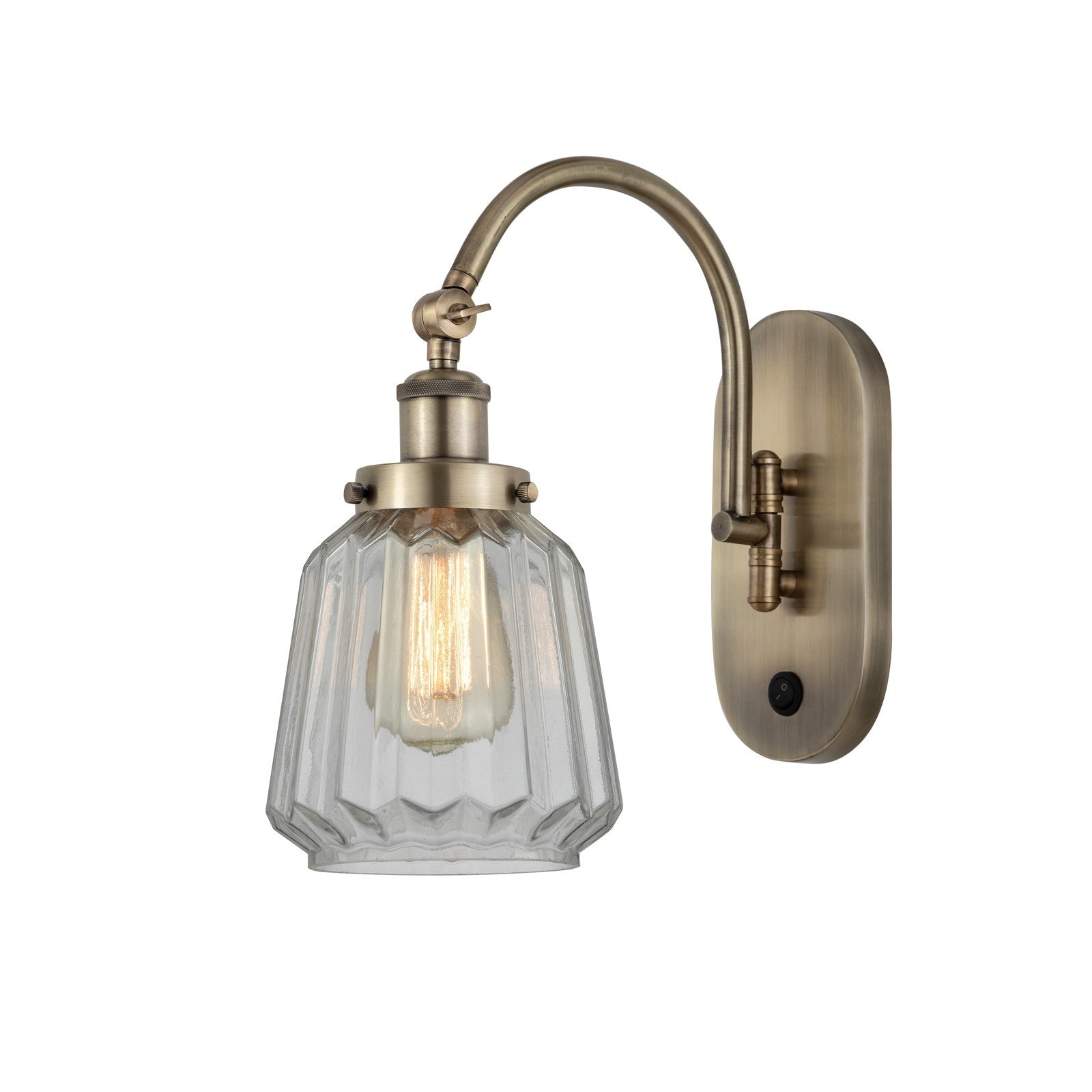 Innovations Chatham 1-Light 7in Swing Arm Lamp | Industrial Antique Brass Steel and Clear Ribbed Glass | Bedroom Reading & Living | Model 918-1W-AB-G142