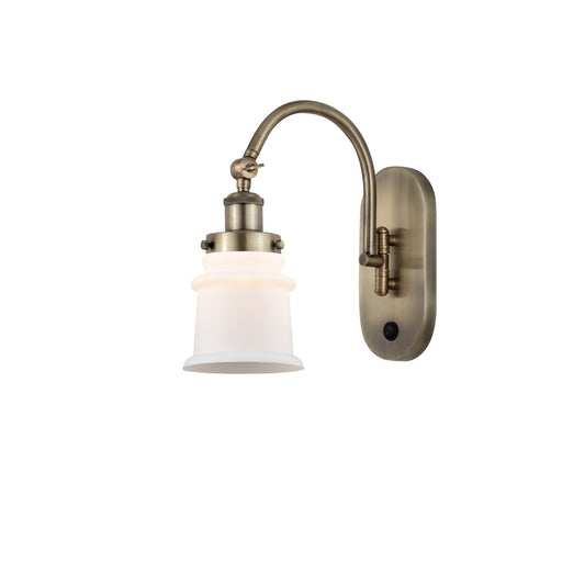 Innovations Canton 6.5in 1-Light Swing Arm Wall Sconce | Industrial Antique Brass and Matte White Frosted Glass | Bedroom Accent | Model 918-1W-AB-G181S